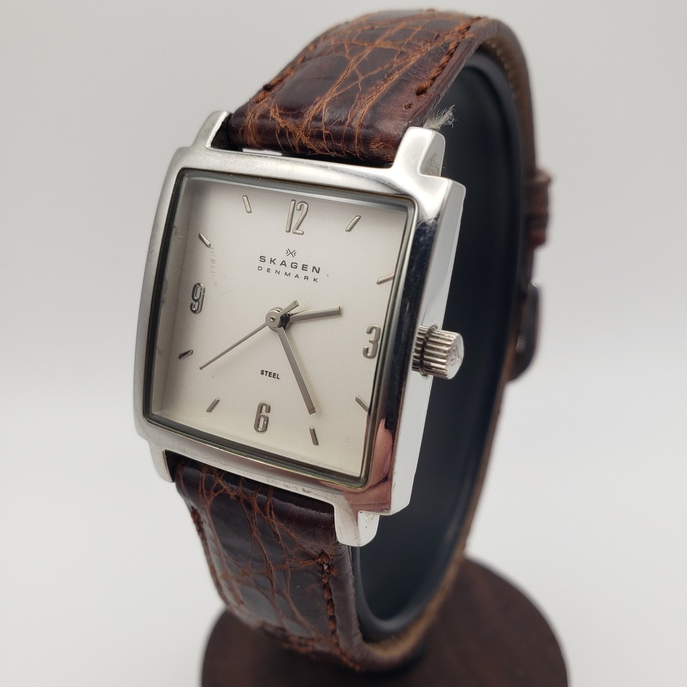 Skagen Wristwatch Brown 478XSSLD6 Square Leather Band Minimalist Analog